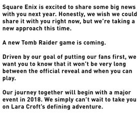 Slik kunngjorde Square at det jobbes med et nytt Tomb Raider-spill.