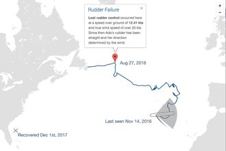 Kartet som viser Adas seilas fra 24. august til 14. november 2016. Nede til venstre ble Ada funnet utenfor Florida 1. desember i år.