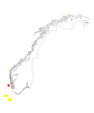 Her ligger områdene som NVE har anbefalt etter utredningen i 2013. Utsira markert i rødt.