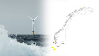 En av Statoils flytende havvindmøller ses på avstand bak en bølge sammen med et norgeskart som viser fem markerte områder markert i rødt og gult.
