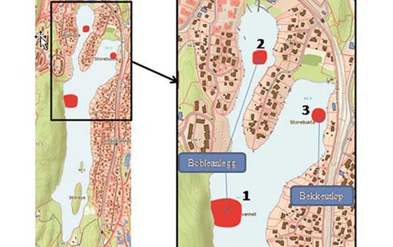 SE PÅ DETTE: Her er kommunens eget kart over områder hvor det arbeides for bedre vannkvalitet, og hvor isen kan være ekstra usikker.