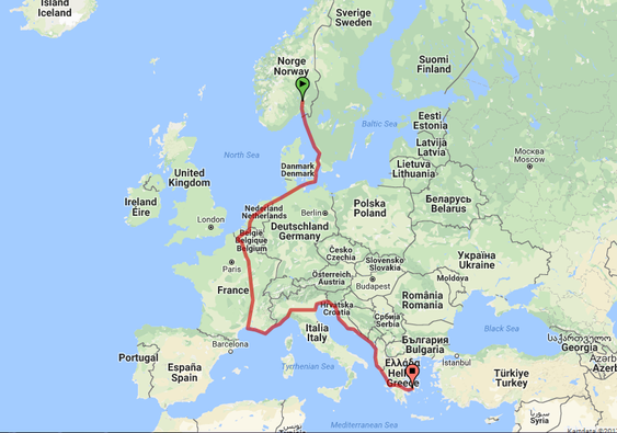 5600: I kajak kunne han, helt stille, krysse landegrenser uten grensekontroll. Norge, Sverige, Danmark, Tyskland, Nederland, Belgia, Frankriket, italia, Slovenia, Kroatia, Montenegro, Albania og Hellas - ca. 5600 kilometer.