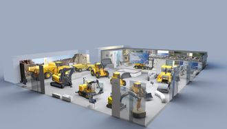 Illustrasjon av Volvos stand på Bauma. A60H-en står helt til venstre på bildet. På podiet i midten kommer en annen stor overraskelse, som vi kommer tilbake til senere her på AT.no.