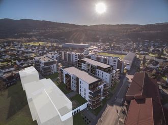 Det er 25 nye leiligheter med en prisantydning på mellom 3,2 og 7,7 millioner som nå skal bygges ut i Stadionkvartalet i Mjøndalen. Illustrasjon: Diakrit