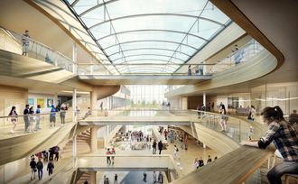 Veidekke Entreprenør har skrevet kontrakt med Vestfold fylkeskommune om bygging av ny videregående skole i Horten. Illustrasjon: Veidekke