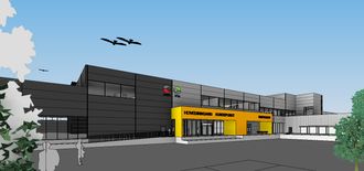 En skisse av Posten og Brings logistikksenter i Sandnes. Illustrasjon: Arkitektene Astrup og Hellern
