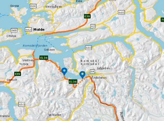 Innfjordtunnelen og Måndalstunnelen på E136 ved Åndalsnes i Møre og Romsdal skal oppgraderes. Illustrasjon: Open Street Map