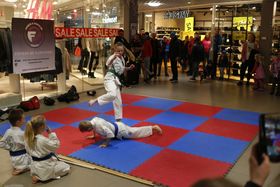 Born syner fram karate for eit publikum på eit kjøepsenter.