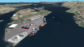 I 2016 ferdigstilles en ny kysthavn med ro-ro-fasiliteter på Kråkøya nord for Rørvik. (Ill: Nord-Trøndelag Havn Rørvik IKS)