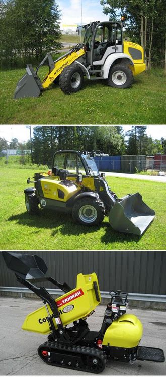 Dette er utstyret som forsvant: KramerAllrad 650 hjullaster (øverst), KramerAllrad 1245 teleskoptruck (midten) og Yanmar 80AC beltedumper (nederst).