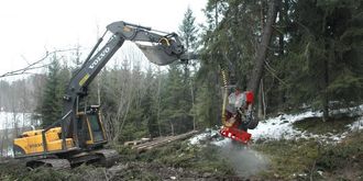 Beltegraver ustyrt med hogstaggregat er mye brukt i store deler av verden, her en Volvo EC210 med et Log Max 7000XT-aggregat.