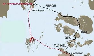 Den nye tunnelen (rødt) blir 40 minutter raskere enn dagens ferjesamband (svart).