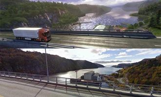Øverst er skjermbildet fra spillet, nederst er Google Street Views bilde av samme strekning.