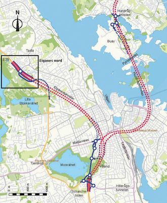 Oversiktstegning for Ryfylkeforbindelsen (Ryfast) og E39 Eiganestunnelen. Dagens E39 er vist med gul strek. Eiganes nord er markert med ramme.