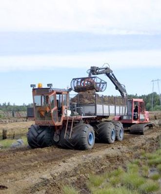 En spesialbygget Hymax 940 med 1 m brede belteplater og torvskuffe på 1,5 m3 laster torvdumperen.