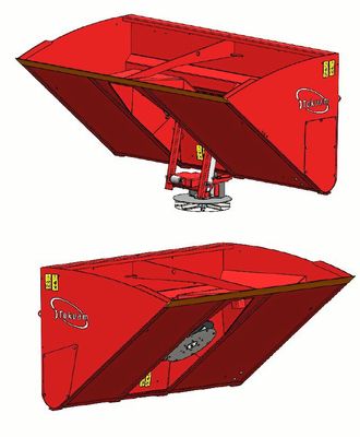 DSA 1600 serie 0 har Tokvams system for inn og utfelling av spredertallerkenen på den selvlastende beholderen: Tallerkene felles inn og et hydraulisk toppstag sørger for at beholderen kan fylles som ei skuffe. Illustrasjon: Tokvam AS