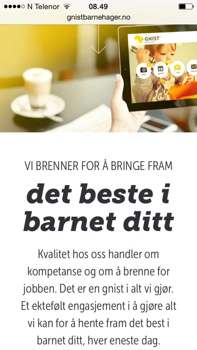 Den nye nettløsningen til Gnist Barnehager er både mobil- og nettbrettvennlig, noe barnehagene har fått god respons fra foreldrene på.