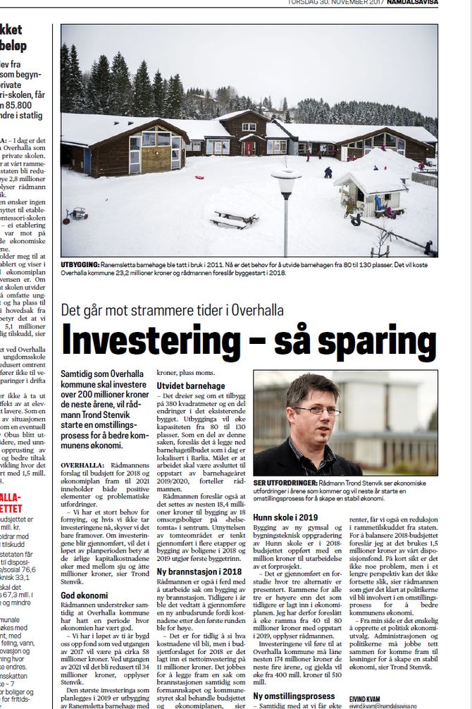 Overhalla kommune planlegger å legge ned en liten barnehage og bygge ut en stor. Faksimile: Namdalsavisa