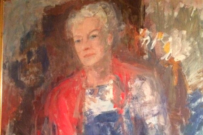 Maleri av barnehagens grunnlegger Laila Roll Schjelderup. Malt av Agnes Hiorth i 1965.