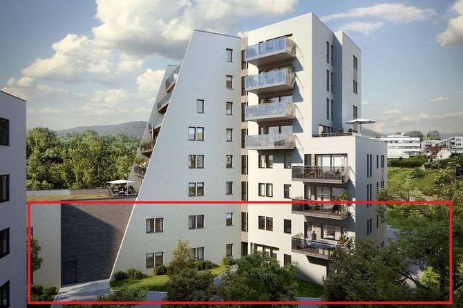Barnehagen i Nybyen er tenkt inn i de to nederste etasjene her. Uteområdet er planlagt på motsatt side av bygningen.