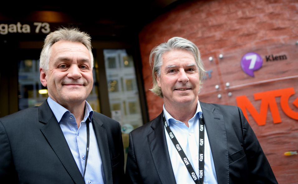 Get-sjef Gunnar Evensen (til venstre) og MTGs Norges-sjef Morten Aas presenterte avtalen mellom MTG og TDC. Den gang trodde de at selskapenes kombinerte digitale innovasjonskraft skulle ta dem langt. Nå ser det ut til at handelen ikke skjer, i alle fall ikke i denne omgang.