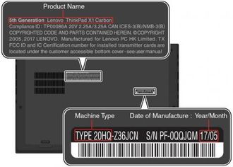 Slik finner man produktnavn, maskintype og produksjonsmåneden til femte generasjons Lenovo ThinkPad X1 Carbon.