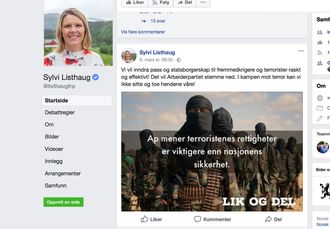 Sylvi Listhaug slettet dette innlegget fra sin offentlige facebookprofil