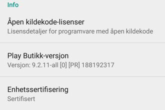 I innstillingene til Google Play Butikk kan man se om Android-enheten er sertifisert.
