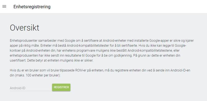 Skjemaet hvor brukere kan hviteliste ikke-sertifiserte Android-enheter.