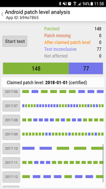 SnoopSnitch-resultatene på en Samsung Galaxy S7 som skal ha sikkerhetsfiksene utgitt til og med 1. januar 2018. 