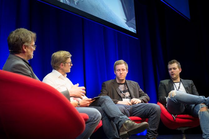 Dokumentarskaper Dan Josefsson, SKUP-programleder Svein Tore Bergestuen, Robin Dahlén og Christian Karlsson på SKUP-konferansen 2018.