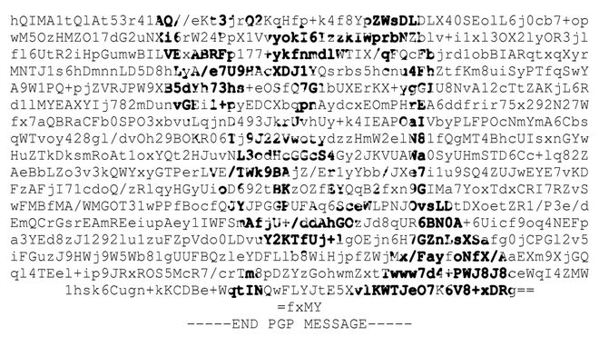 PGP-tekst med pikselmatrise av Edward Snowden.