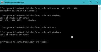 Deaktivering av støtten for ADB via nettverk, gjort ved hjelp av adb-kommandoen i ledetekstvinduet på en Windows-PC.