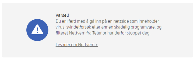 Dette er advarselen Telenor-kundene heretter ofte vil få dersom de besøker en webside med skadelig innhold.