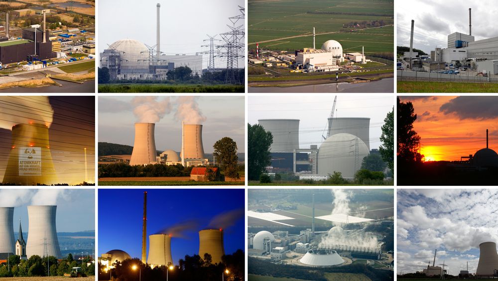 En sammensetning av bilder viser noen av kjernekraftverkene som Tyskland har stengt ned etter Fukushima-ulykken i 2011. Øverst fra venstre: Brunsbuettel, Unterweser, Brokdorf, Kruemmel, Emsland, Grohnde, Biblis A, Biblis B, Grafenrheinfeld, Philippsburg, Neckarwestheim og Isar 1 og 2.
