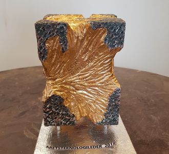 Keramiker Geir Tokle har laget det nye troféet til Norwegian Tech Awards. Det er laget i leire, brent, slipt og forgylt. Det skal plasseres på en metallplate med navn på vinneren.