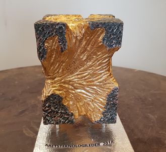 Keramiker Geir Tokle har laget det nye troféet til Norwegian Tech Awards. Det er laget i leire, brent, slipt  og forgylt. Det skal plasseres på en metallplate med navn på vinneren.