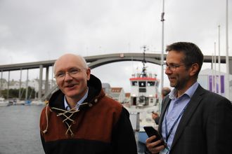 Førsteamanuensis Egil Eide og administrerende direktør Tom Eystø i Massterly i Haugesund.