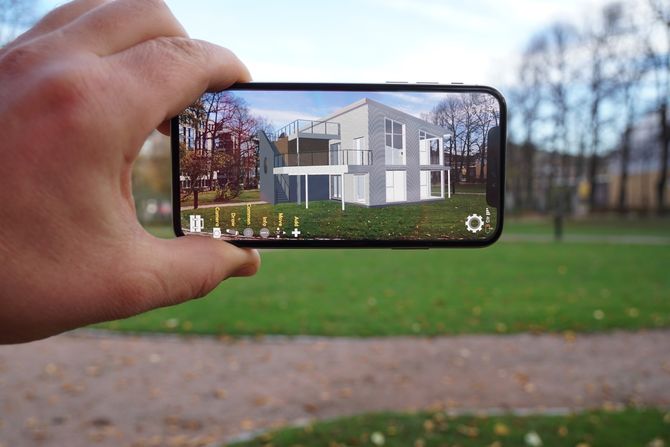 Eksempel på hvordan et hus fra Mesterhus kan presenteres i Holopipe-appen.