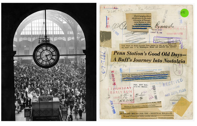 Forsiden og baksiden av et arkivert New York Times-fotografi fra Pennsylvania Station i New York City i 1942.