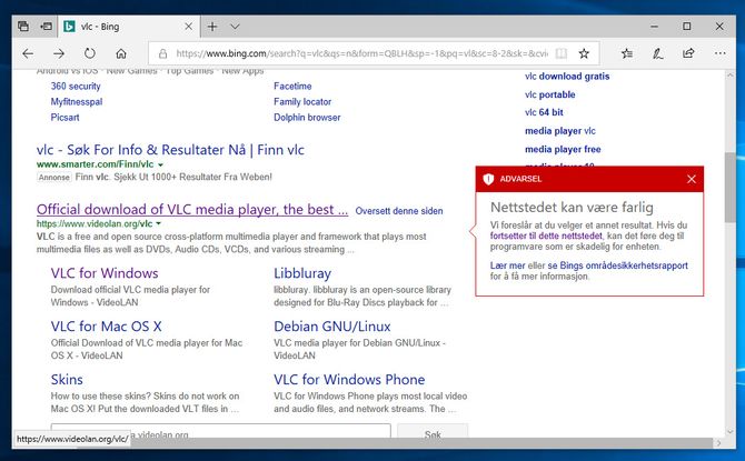 Bing advarer mot den originale VLC-siden, men ikke mot mylderet av uoffisielle nedlastingssteder.