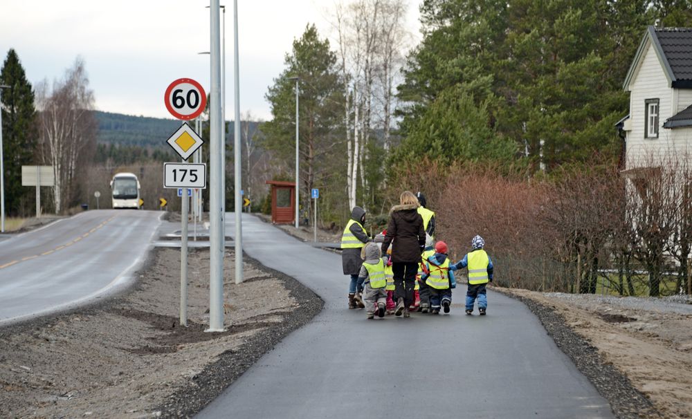 Barn fra Korsdalen barnehage prøver den nye gang/sykkelvegen i Nes kommune. Det er ingen tilfeldighet at de vender ryggen til fotografen. Barnehageansatte har fått beskjed fra høyeste hold om at barns ansikter ikke skal vises i media! 