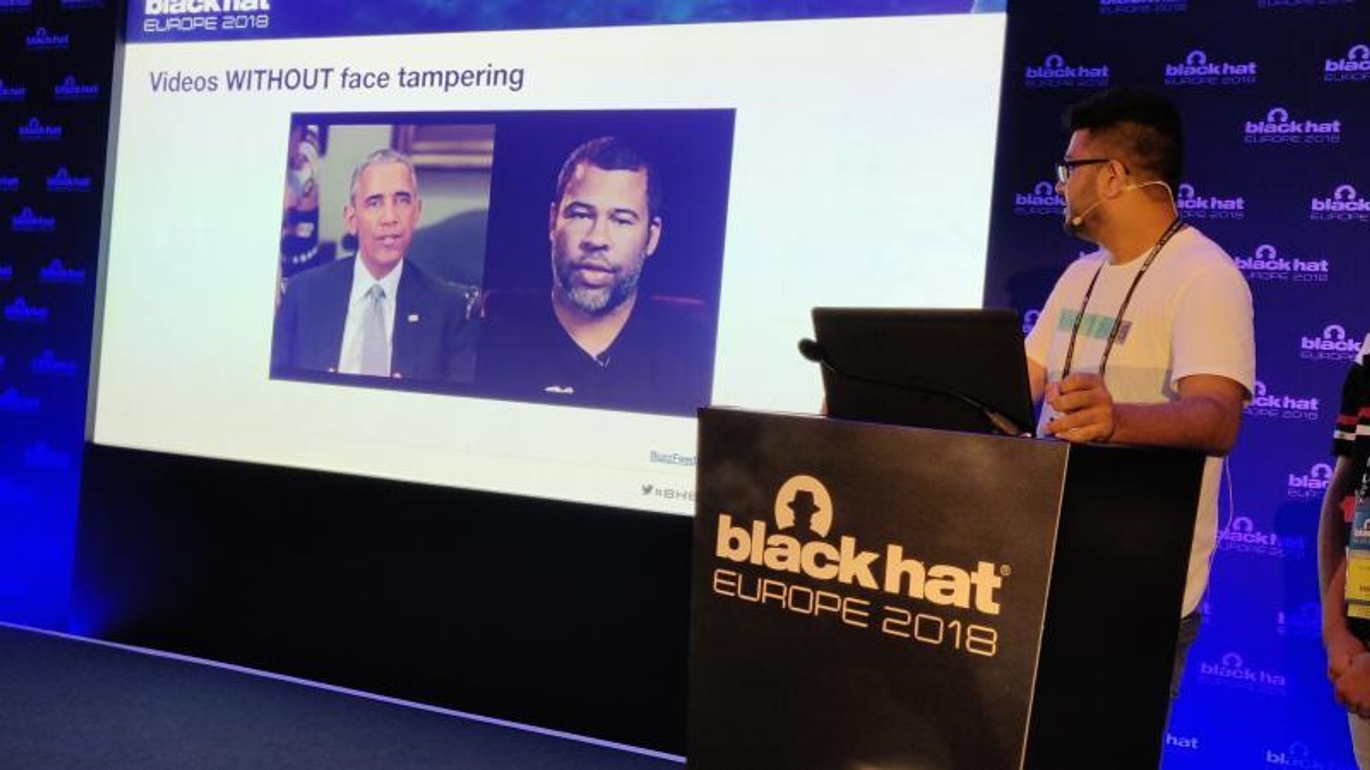AI-assistert bildemanipulering blir et problem, mener de to forskerne Vijay Thaware og Niranjan Agnihotri (t v), som fortalte om emnet på Black Hat Europe. Foto: Jakob Møllerhøj
