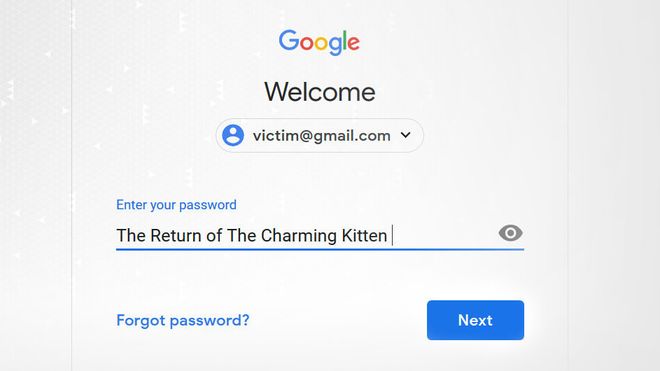 Innlogging hos Google hvor passordet vises i klartekst og er oppgitt til å være «The Return of The Charming Kitten».