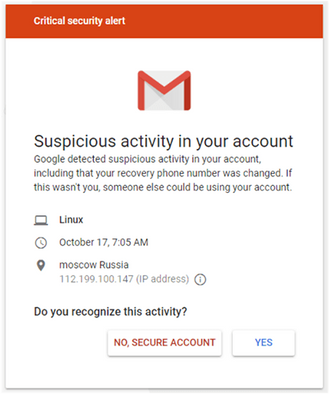 Falsk Gmail-varsel om mistenkelig kontoaktivitet.