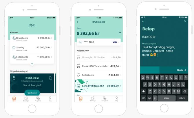 Skjermbilder fra nye DNB Mobilbank på iPhone.