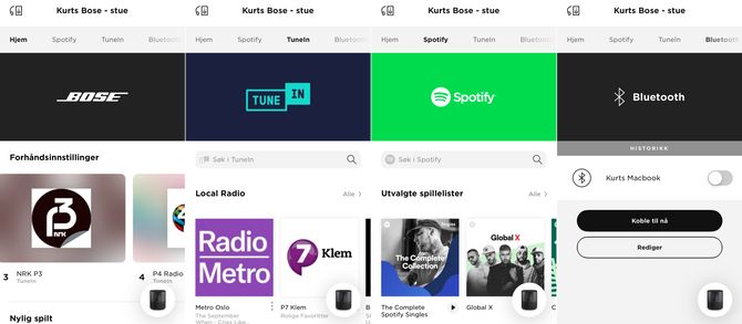 Skjermbilder fra Bose Music-appen.