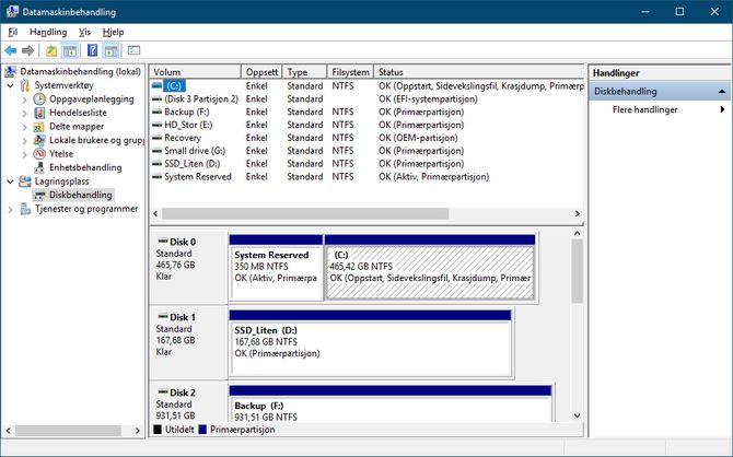 Verktøyet Datamaskinbehandling i Windows 10 har en egen seksjon for Diskbehandling, hvor brukeren kan administrere partisjonene på lagringsenhetene.
