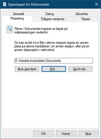 Vindu som viser Egenskaper for Dokumenter i Windows 10.