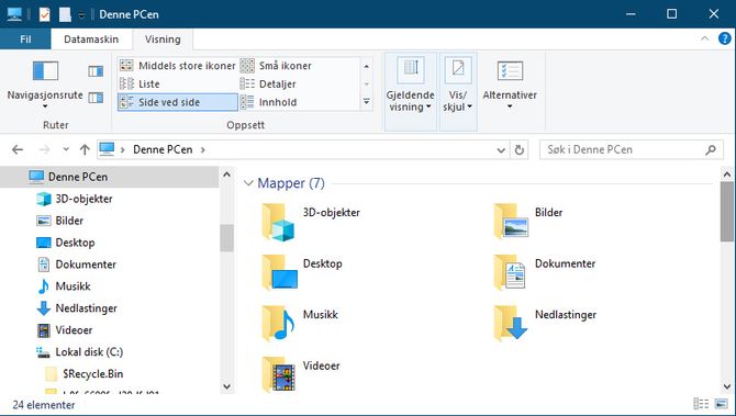 I Filutforsker-verktøyet i Windows 10 kan man se mappene som er mest aktuelle for flytting ved å velge «Denne PCen».